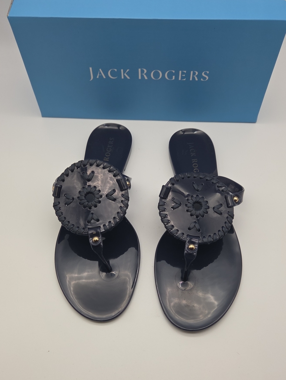 Jack Rogers Navy Patent Jelly Sandals with Woven Medallion